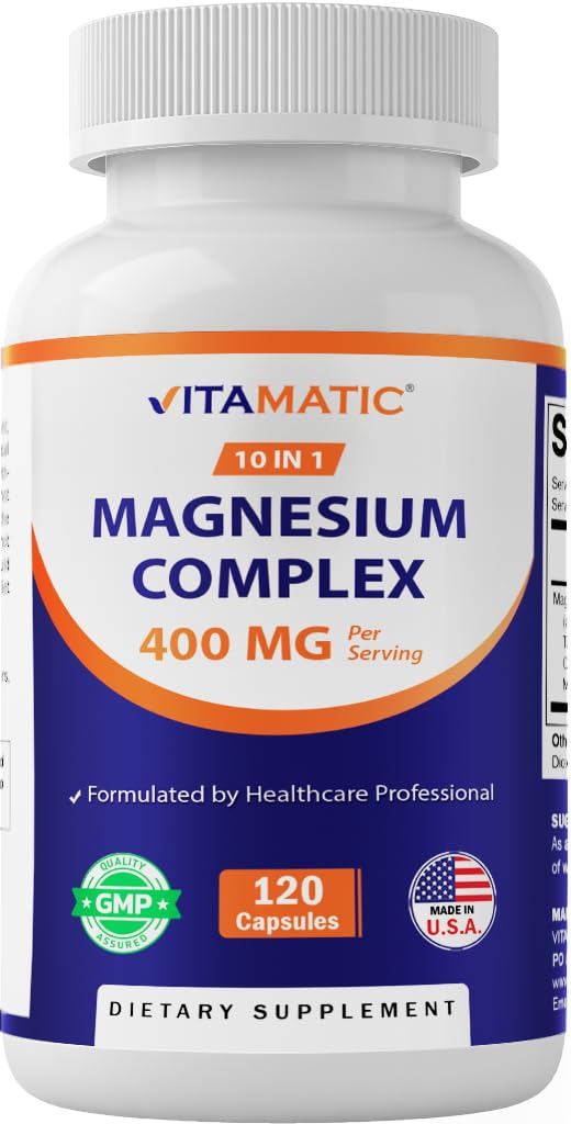 Vitamatic Magnesium Complex, 400mg Elemental MG (as Bisglycinate, Citrate, Taurate, Malate, Aspartate, Oxide, Gluconate, Lysinate Glycinate, Orotate, Succinate) – 120 Capsules Vitamatic uk supplements