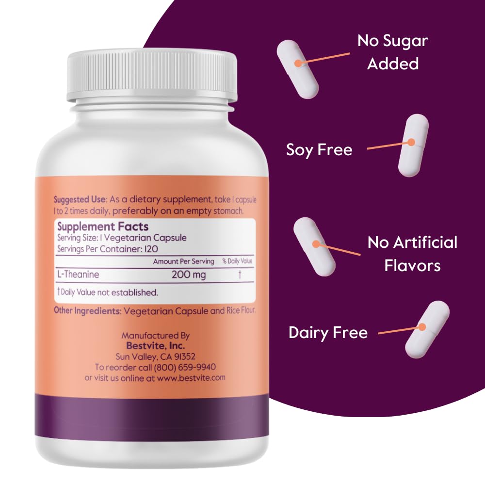 BESTVITE L-Theanine 200mg (120 Vegetarian Capsules) - No Stearates - Vegan - Non GMO - Gluten Free BESTVITE uk supplements