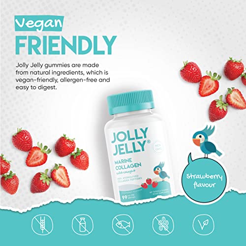 Marine Collagen Gummies by Jolly Jelly® - Wild-Caught Marine Collagen Tapioca Gummies - Type 1 Hydrolysed Collagen - Strawberry Flavour - 60 Gummies. JOLLY JELLY uk supplements