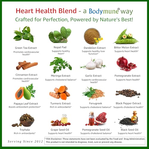 Bodymune Heart Health Blend Cholesterol Support – Organic Cardiovascular & Circulation Supplement – with Green Tea, Pomegranate & Black Seed Oil – 66 Capsules – USDA Organic, Vegan Bodymune uk supplements