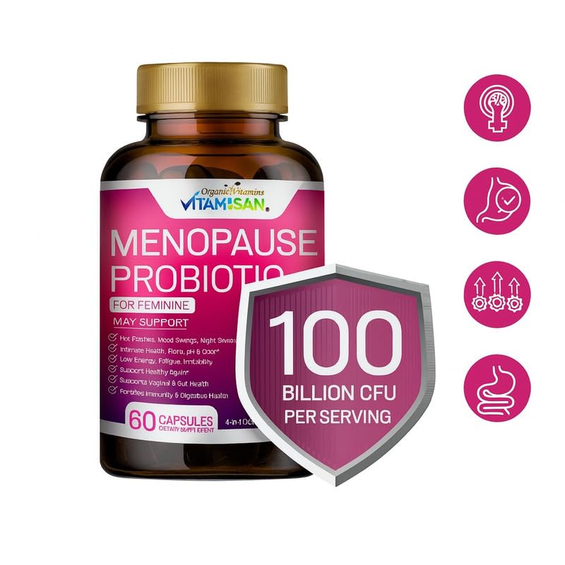 Menopause Support for Women – Hormone-Free Prebiotics & Probiotics 100 Billion CFU with Black Cohosh & Ashwagandha | Feminine Care, pH Balance, Vaginal Health, Hot Flashes, Night Sweats & Mood Swings VITAMISAN uk supplements
