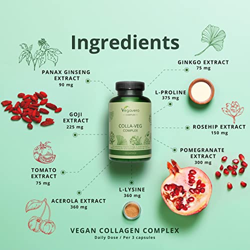 Vegavero Vegan Collagen Supplement | 2000mg | Complex with L-Lysine, L-Proline, Vitamin C (Acerola) & Superfoods Extracts | NO Additives, Lab-Tested | 120 Capsules Vegavero uk supplements