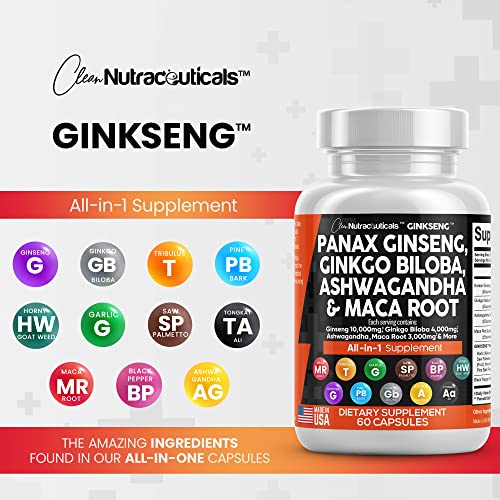 Panax Ginseng 10000mg Ginkgo Biloba 4000mg Ashwagandha Maca Root Clean Nutraceuticals uk supplements