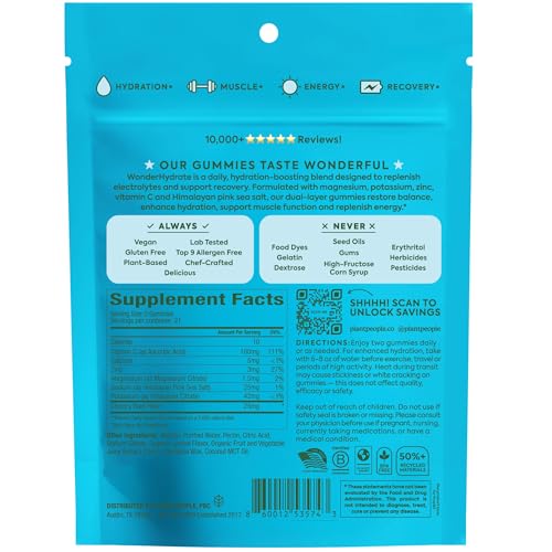 Plant People WonderHydrate Electrolyte Gummies – Vegan Hydration Supplement with Magnesium, Potassium, Zinc, Vitamin C & Himalayan Sea Salt – Zero Sugar Lychee (42 Count) Plant People uk supplements