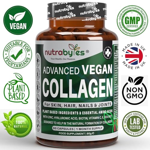Vegan Collagen Supplement For Skin, Hair, Nails, Joints & Bones with Hyaluronic Acid, Biotin, Lysine, Bamboo Silica, Zinc, Vitamin C, D3, B12, E NUTRABYTES uk supplements