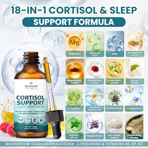 Cortisol Supplements for Women & Men, 18 in 1 Stress & Mood Support Drops with Magnesium 480mg, GABA, Ashwagandha, L-Theanine & Phosphatidylserine, for Relaxation & Sleep, Lemon Raspberry Flavor 60mL Rylaxed uk supplements