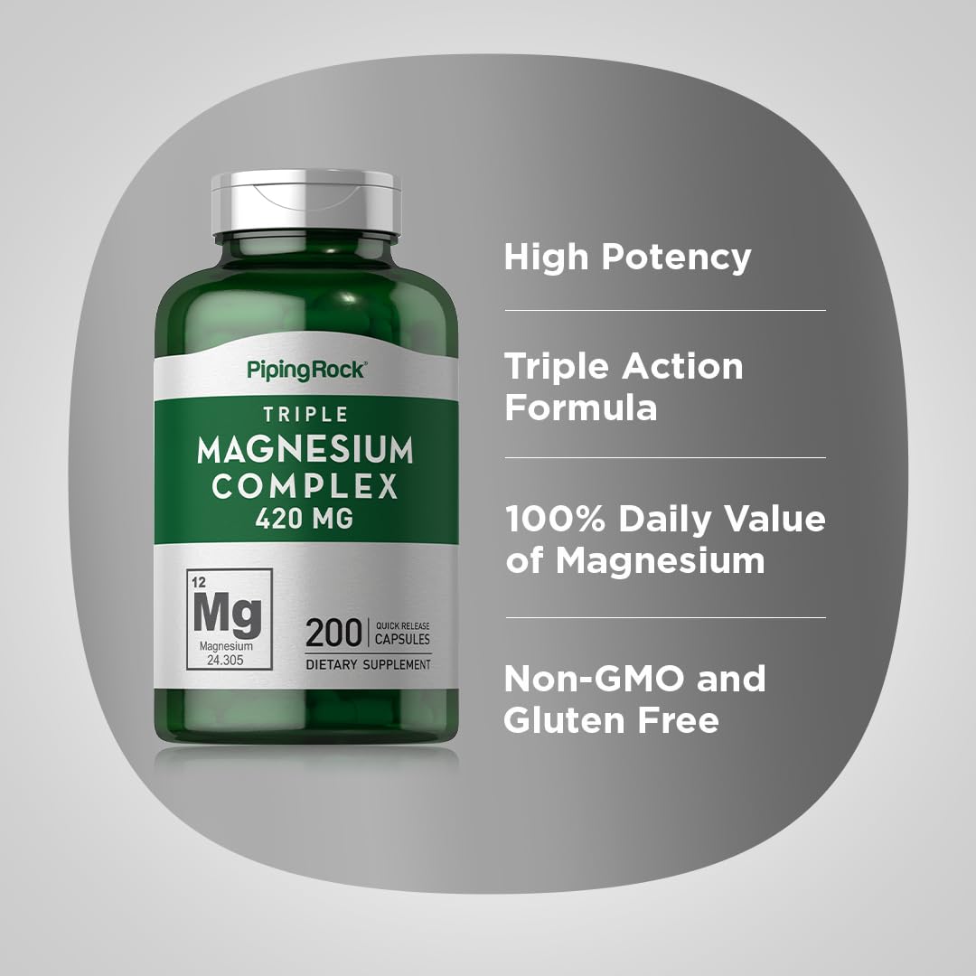 Piping Rock Triple Magnesium Complex | 420 mg | 200 Capsules | Magnesium Oxide, Citrate, and Aspartate Supplement | Non-GMO, Gluten Free Piping Rock uk supplements