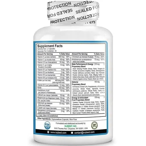 Multivitamin for Men with 38 Key Nutrients, B Complex, D3, A, C, Zinc, Magnesium, Calcium, Asian Ginseng, Ashwagandha, Turmeric for Bones, Muscle NuBest uk supplements