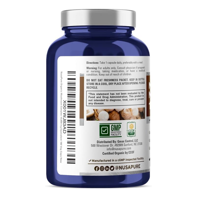 NusaPure Organic Mushroom Complex 10,000mg per Capsule, 180 Veggie Caps, Non-GMO, Enoki, Turkey Tail, Reishi, Chaga, Maitake NusaPure uk supplements
