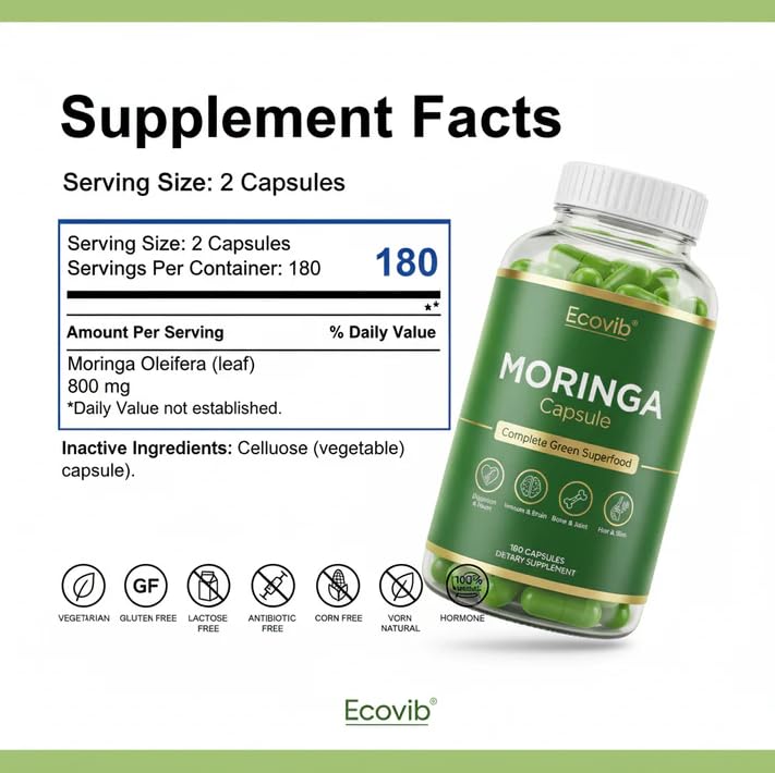 ECOVIB Moringa Capsules – 180 Vegan Capsules | Organic Superfood for Energy, Immunity & Detox ECOVIB uk supplements