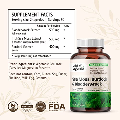 Sea Moss Capsules - 180 Caps Wildcrafted Irish Moss, Burdock Root & Bladderwrack Wild & Organic uk supplements