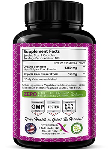 Organic Beet Root Powder 1350mg 200 Veggie caps Superfood Nitric Oxide Strongest X Gold Health uk supplements