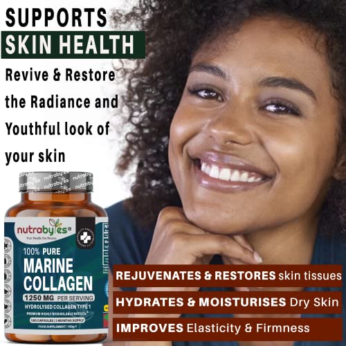 High Strength Marine Collagen Capsules - 1250mg Hydrolysed Collagen Supplement NUTRABYTES uk supplements
