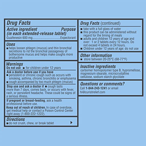Curist Guaifenesin 600 mg Extended Release Tablets (300 Dye-Free Tablets) - Expectorant Curist uk supplements