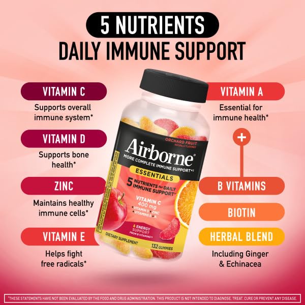 Airborne 400mg Vitamin C Gummies for Adults & Children, Immune Essentials Daily Immune Support Supplement with Vitamins C & E - Orchard Fruit Flavor, 132 Gummies (Pack of 2) Airborne uk supplements
