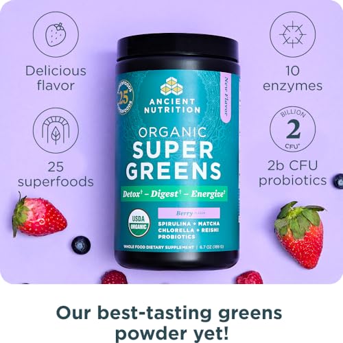 Ancient Nutrition SuperGreens Powder with Probiotics, Organic Berry Flavor Greens, Made from Real Fruits, Vegetables and Herbs, Digestive and Energy Support, 25 Servings, 6.7oz Ancient Nutrition uk supplements