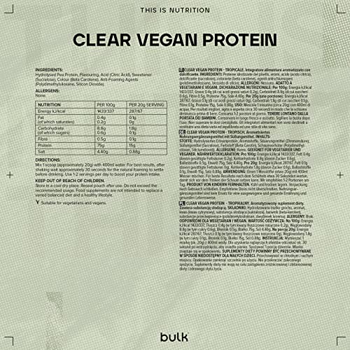 Bulk Clear Vegan Protein, Protein Powder Shake, Tropical, 300 g Bulk uk supplements