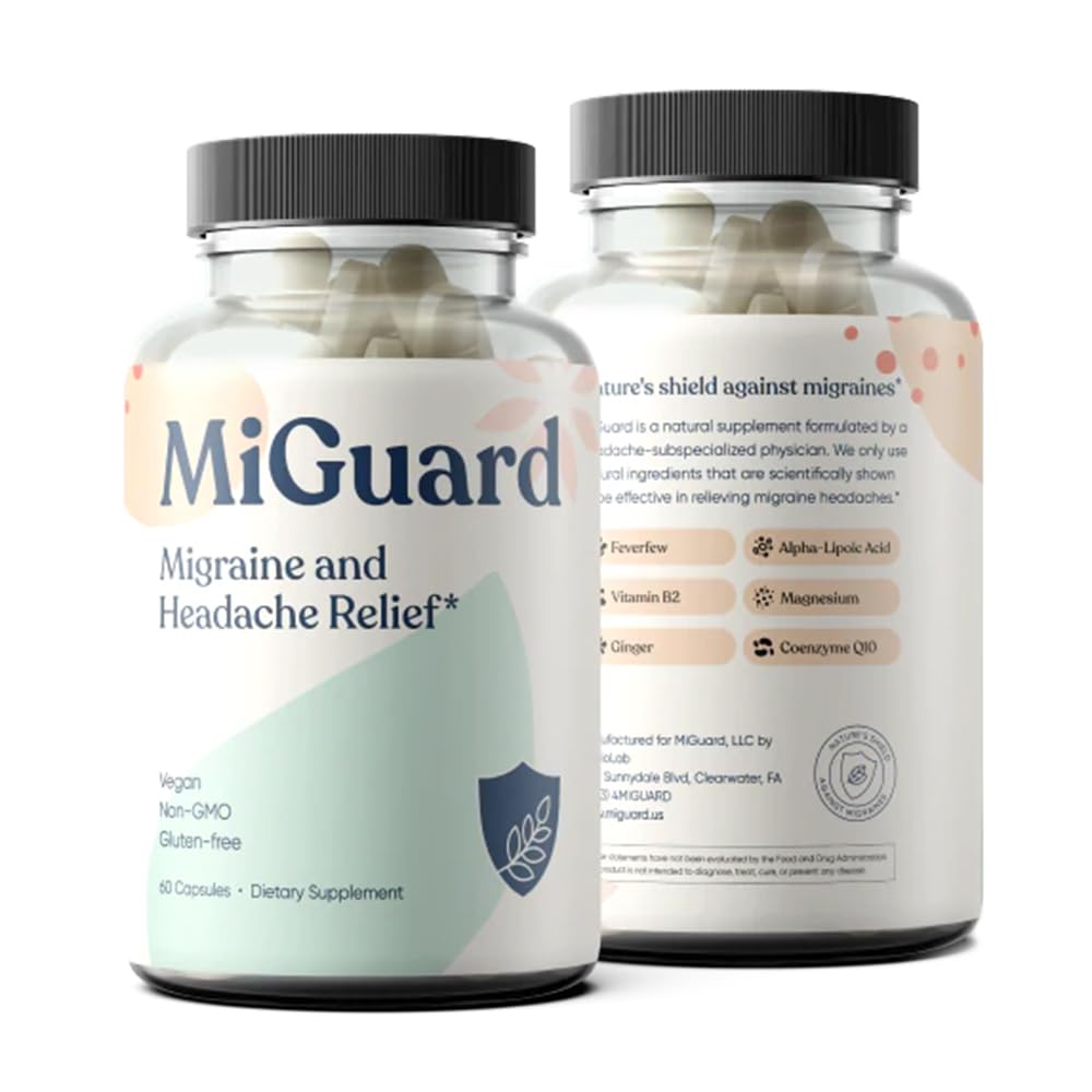 Headache and Migraine Relief Supplements - Drug Free Migraine Prevention Supplement - Natural Supplements for Migraine Headaches - Helps Reduce Frequency & Severity (60 Capsules) MIGUARD uk supplements