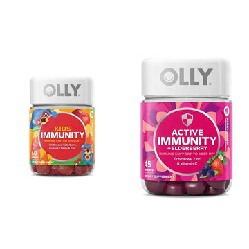 OLLY Kids Immunity Gummy, Immune Support, Wellmune, Elderberry, Vitamin C, Zinc, Chewable Supplement, Cherry - 50 Count & Gummy Active Immunity+Elderberry, 45 Gummies (1 Pack), Berry Flavor OLLY uk supplements