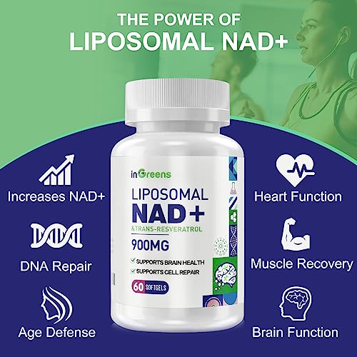 inGreens 900mg Liposomal NAD+ Supplement with 300mg Trans Resveratrol - Superior Absorption, Replaces NMN, Boost NAD+ for DNA Repair, Energy & Longevity, Aging Defense, 60 Softgels inGreens uk supplements