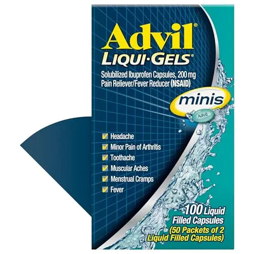 Advil Liqui-Gels minis Pain Reliever and Fever Reducer, Pain Medicine for Adults with Ibuprofen 200mg for Pain Relief - 50x2 Liquid Filled Capsules Advil uk supplements