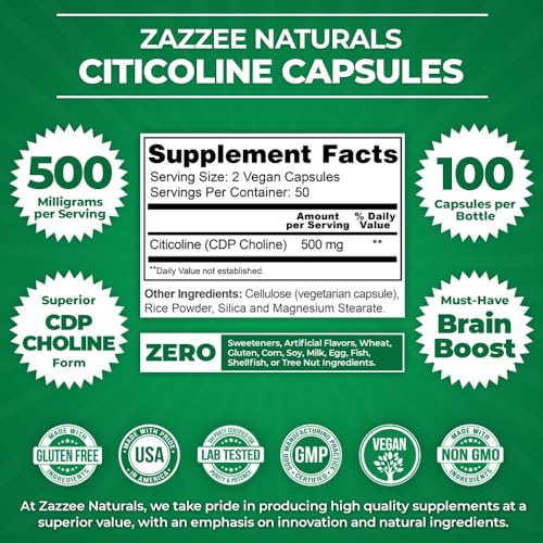 Zazzee Extra Strength Citicoline CDP Choline, 500 mg per Serving, 100 Vegan Capsules Zazzee uk supplements