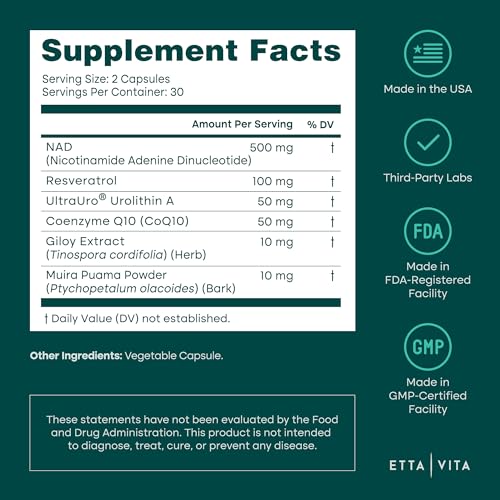 Liposomal NAD+ Supplement - Resveratrol, Urolithin A, CoQ10 & Muira Puama (Made in USA) NAD Supplement for Natural Energy, Brain Fog, Digestion, Detox, Gut Health, Microbiome, NR NMN Replacement Etta Vita uk supplements