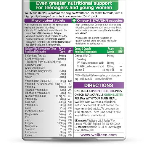 Vitabiotics Wellteen Her Plus Omega-3 - Advanced Nutritional Support for Teenagers and Young Women Ages 13-19 Wellteen uk supplements