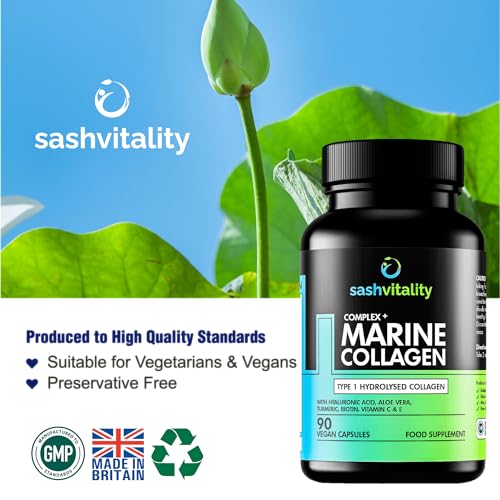 Marine Collagen Supplements - 90 Capsules with Vitamin C, Vitamin E, Hyaluronic Acid, Aloe Vera, Turmeric SASH Vitality uk supplements