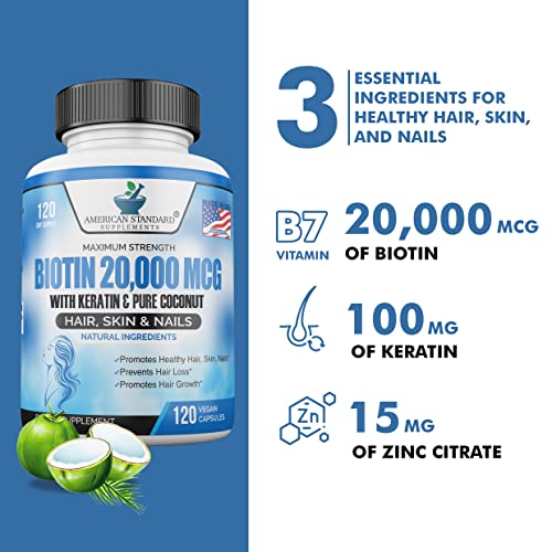 Biotin 20,000mcg with Keratin, Organic Coconut and Zinc, Hair Growth Supplements, Biotin American Standard Supplements uk supplements