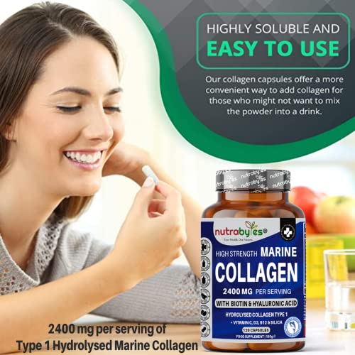 High Strength Marine Collagen 2400mg with Hyaluronic Acid 100mg, Biotin, Vitamin C, D3, B12 and Silica NUTRABYTES uk supplements