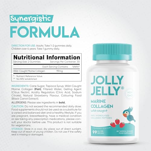 Marine Collagen Gummies by Jolly Jelly® - Wild-Caught Marine Collagen Tapioca Gummies - Type 1 Hydrolysed Collagen - Strawberry Flavour - 60 Gummies. JOLLY JELLY uk supplements