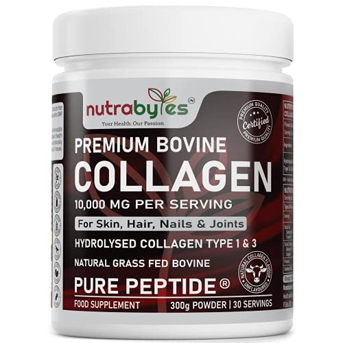 Pure Hydrolysed Collagen Powder 10000mg Bovine Type 1 & 3 Unflavoured|High Strength Protein Peptides for Women & Men NUTRABYTES uk supplements