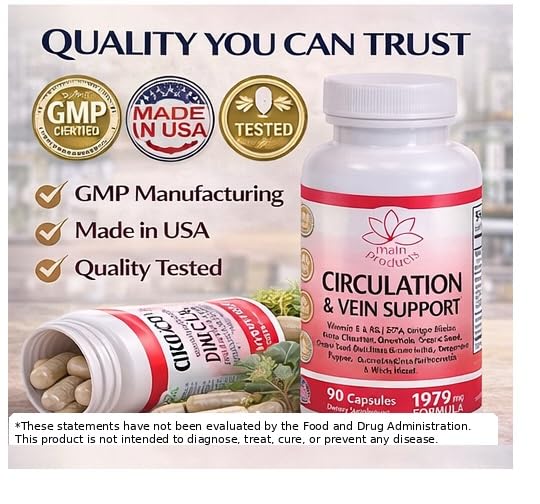 Circulation & Vein Support Supplement - Vitamins E & B3, Ginkgo Biloba, Horse Chestnut, Gotu Kola, Grape Seed, Butcher's Broom & Citrus Bioflavonoids - 1979 mg Formula - 90 Capsules - 30 Days Supply. Main Products uk supplements