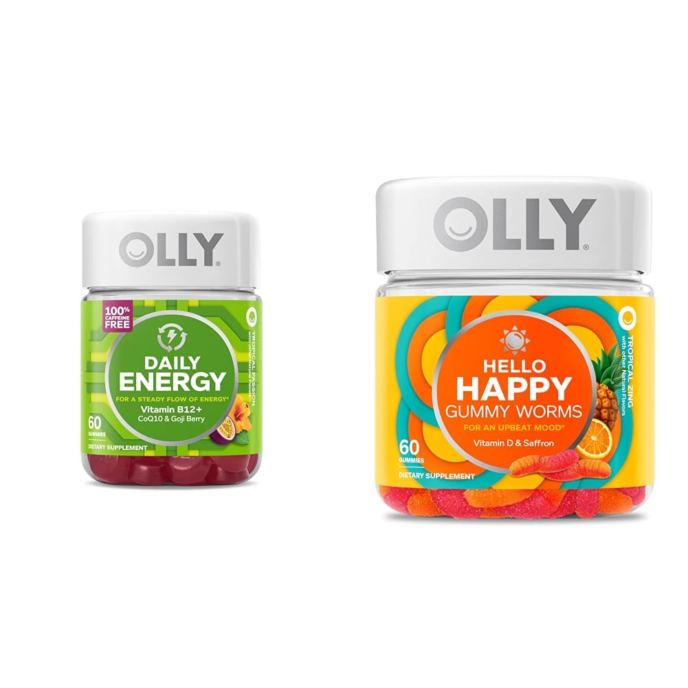 OLLY Daily Energy Gummy, Caffeine Free, Vitamin B12, CoQ10, Goji Berry, Adult Chewable Supplement & Hello Happy Gummy Worms, Mood Balance Support, Vitamin D, Saffron, Adult Chewable Supplement OLLY uk supplements