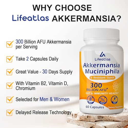 300 Billion AFU Akkermansia Muciniphila - Live Akkermansia Probiotics for Women & Men Lifeatlas uk supplements