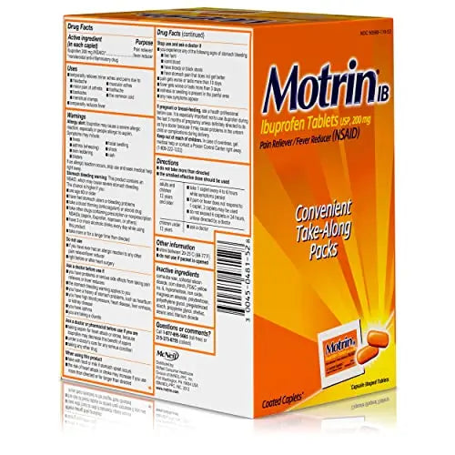 Motrin IB, Ibuprofen 200mg Tablets, NSAID Pain & Fever Reliever for Headache, Backache, Muscular Aches, Arthritis Pain Reliever, 50 Travel Packets of 2, 100 ct Motrin uk supplements