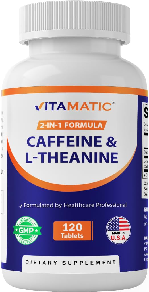 Vitamatic L-Theanine 200mg with Caffeine 100mg – 120 Vegetarian Tablets Nootropic Supplement for Focused Energy & Mental Clarity Vitamatic uk supplements