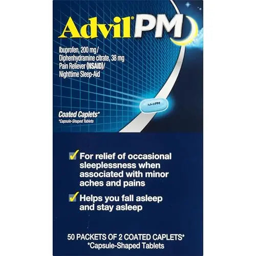 Advil PM Pain Reliever and Nighttime Sleep Aid, Pain Medicine with Ibuprofen for Pain Relief and Diphenhydramine Citrate for a Sleep Aid - 50x2 Coated Caplets Advil uk supplements