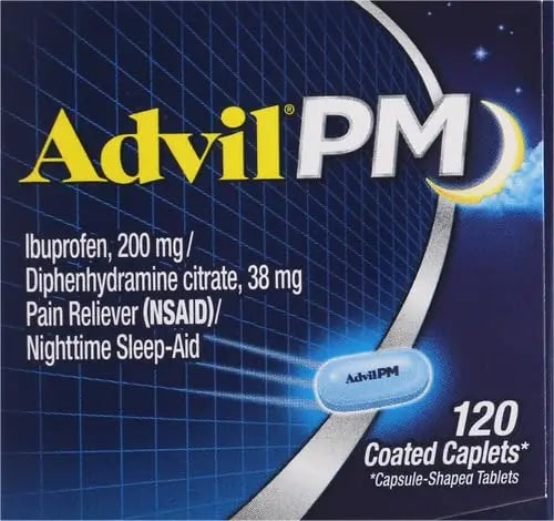 Advil PM Pain Reliever and Nighttime Sleep Aid, Pain Medicine with Ibuprofen for Pain Relief and Diphenhydramine Citrate for A Sleep Aid - 120 Coated Caplets (Pack of 2) Advil uk supplements