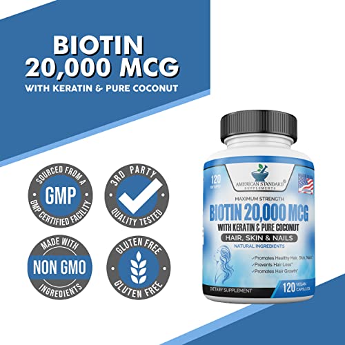 Biotin 20,000mcg with Keratin, Organic Coconut and Zinc, Hair Growth Supplements, Biotin American Standard Supplements uk supplements