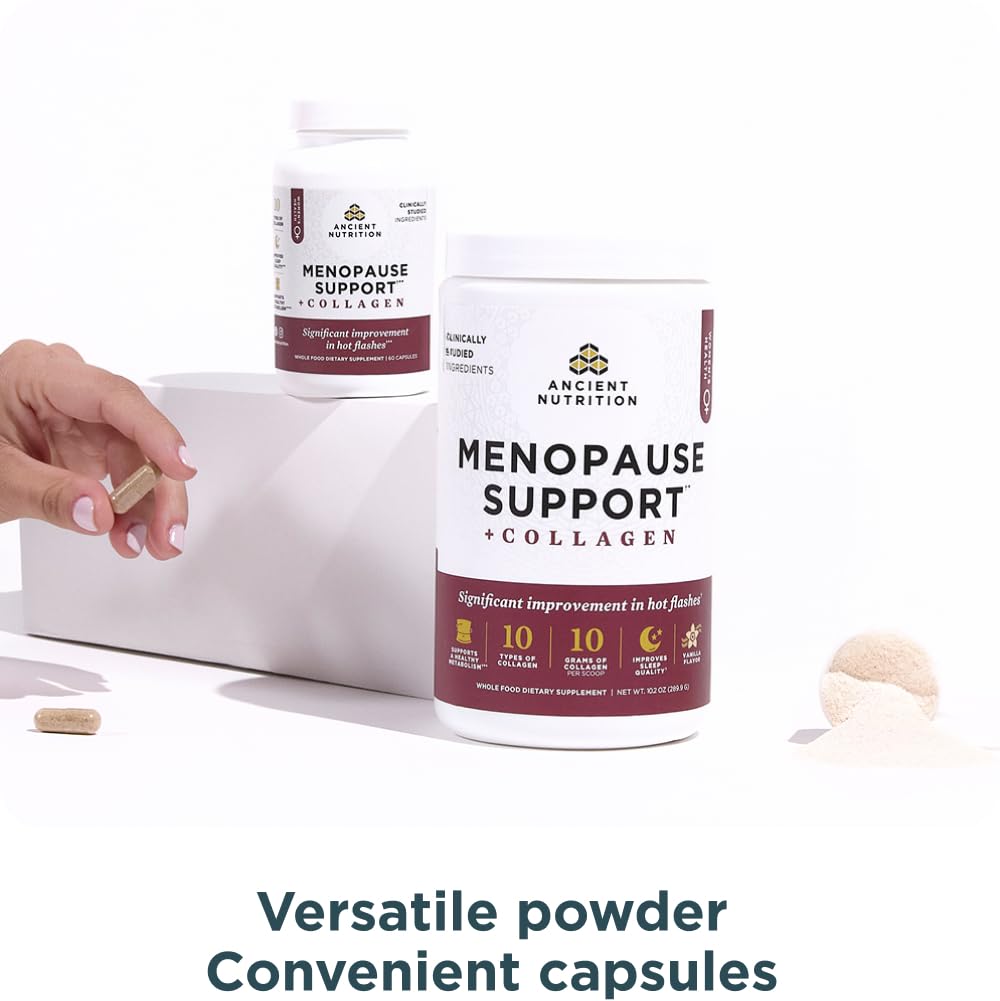 Ancient Nutrition Menopause Support + Collagen Supplement, Hydrolyzed Collagen Peptides, Key Clinically Validated Superfoods, Significant Improvement in Hot Flashes and Sleep Quality, 60 Capsules Ancient Nutrition uk supplements