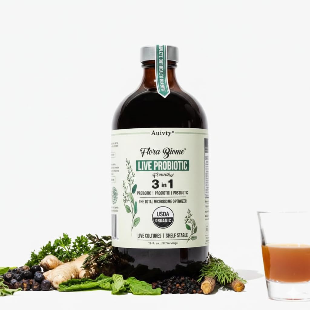 Auivty Flora Biome Live Probiotic Liquid, 3-in-1 Probiotic + Prebiotic + Postbiotic, 30 Billion CFU (at Time of Manufacture), 10 Strains, Fermented Herbal Blend with 18 Herbs, Shelf Stable, 16 fl oz Auivty uk supplements