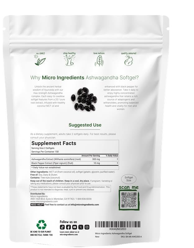 Micro Ingredients Ashwagandha Supplements | 300 Coconut MCT Oil Softgels with Black Pepper for Better Absorption | Potent Root Extract | Non-GMO Micro Ingredients uk supplements