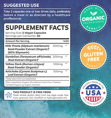 Organic Liver Cleanse Detox & Repair (Vegan, Non-GMO) Milk Thistle Extract (80% Silymarin) PURE CO uk supplements