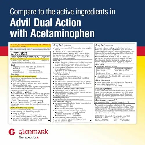 Dual Action Acetaminophen 250mg and Ibuprofen 125mg Caplets, Up to 8h of Pain Relief for Minor Aches and Pain, Headaches, Toothache, Backache, Menstrual Cramps, Minor Arthritis Pain, 216 Count Glenmark Therapeutics uk supplements