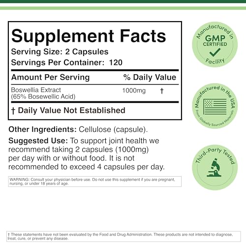 Boswellia Serrata - 240 Capsules (Max Strength 1,000mg of 65% Boswellic Acid Extract) Boswellia Extract Capsules (Joint Support Supplement for Joint Health) Third Party Tested by Double Wood Double Wood Supplements uk supplements