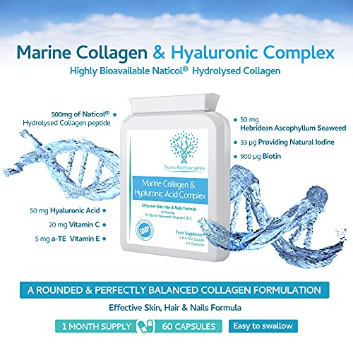 Marine Collagen & Hyaluronic Acid Complex - 60 Capsules - 500mg of Highly Bioavailable Naticol® Hydrolysed Collagen swiss bioenergetics uk supplements