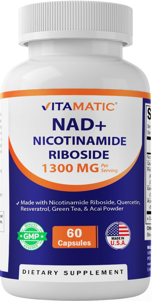 Vitamatic NAD Nicotinamide Riboside Supplement 1300mg 60 Ct - Support Healthy Aging, Cellular Energy Production, Made with Riboside, Quercetin, Resveratrol, Green Tea, & Acai Powder Vitamatic uk supplements