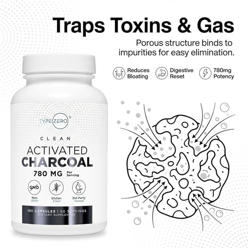 Type Zero Activated Charcoal Capsules (180 Count) - 60 Servings, 780mg Per Serving, from Coconut Shell, Non-GMO, Gluten-Free Type Zero uk supplements